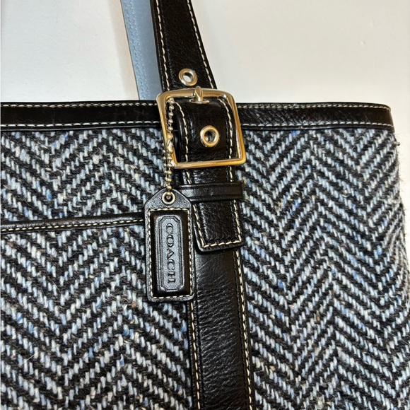 Coach Hampton Blue Black Wool Tweed Leather Trim Tote - Picture 3 of 10